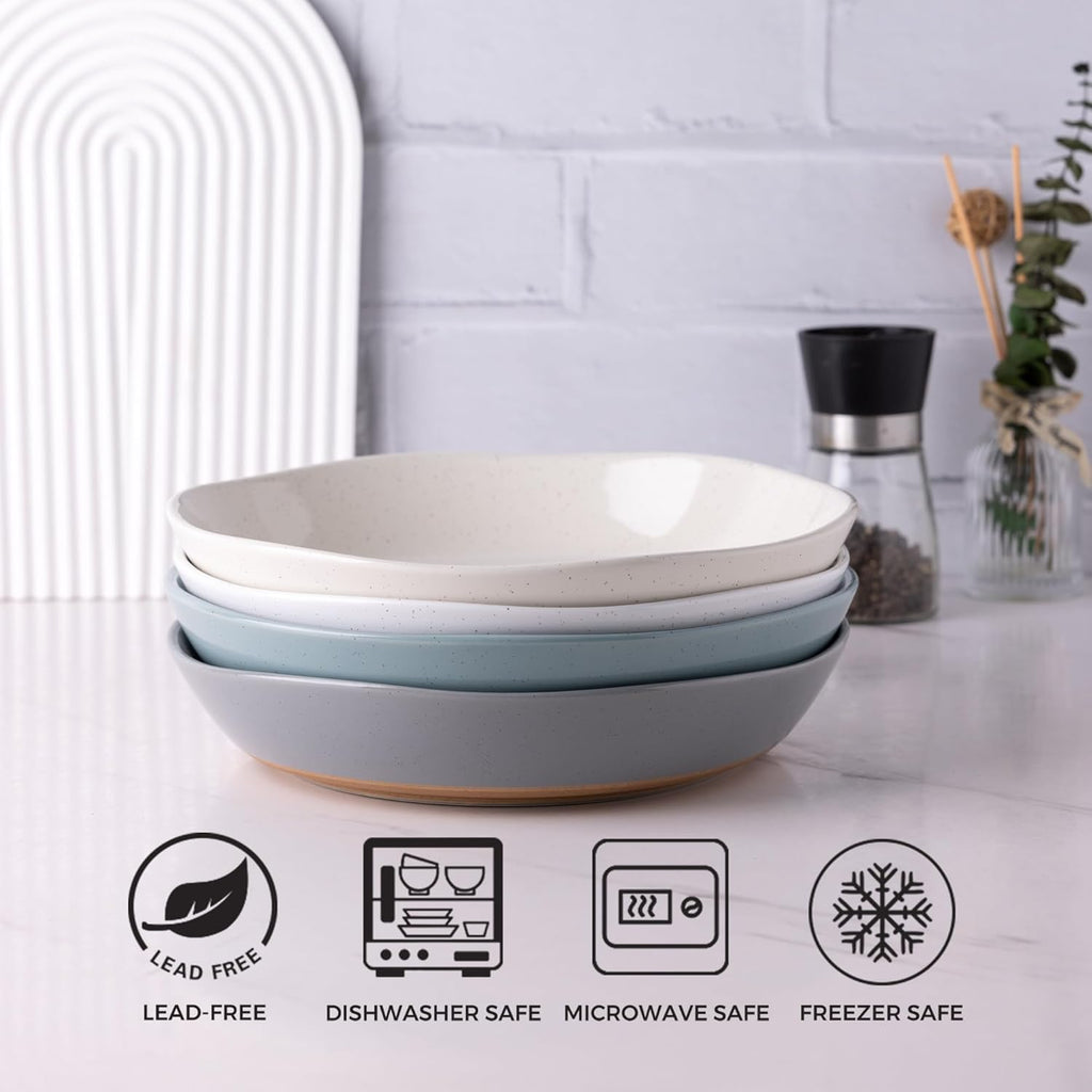 AmorArc 9.5'' Large Ceramic Pasta Bowls, 38oz Handpainted Stoneware Bowls Set of 4, Microwave&Dishwasher Safe Bowls with Wavy Rim&Rustic Terracotta Underside for Fruit Pasta Salad, Multi-Color