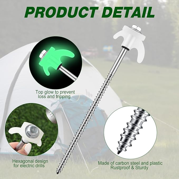 20 Pcs 8" Screw in Tent Stakes Heavy Duty Tent Stakes Drillable Ground Anchors Screw Metal Tent Pegs Threaded Tent Spikes with Head Driver for Swing Inflatable Decor (Illuminant White)