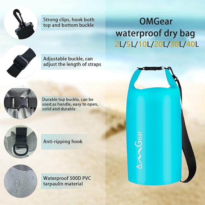 OMGear Waterproof Dry Bag Backpack Phone Pouch 40L/30L/20L/10L/5L Floating Dry Sack for Kayaking Boating Outdoors Activities