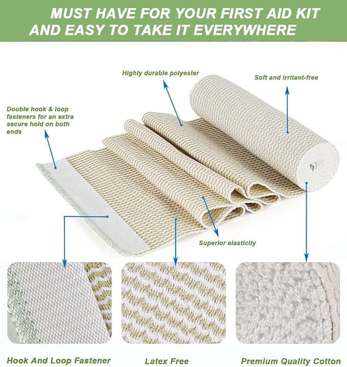 6 Pack Elastic Bandage Wrap, 3" Wide Compression Roll, Latex Free, 15' Stretched Length, Compression Leg Wraps, First Aid Kit