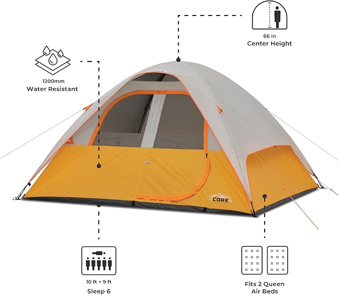 CORE Tent for Family Camping, Hiking and Backpacking | 3 Person / 4 Person / 6 Person / 9 Person Person Dome Camp Tents with Included Tent Gear Loft for Outdoor Accessories