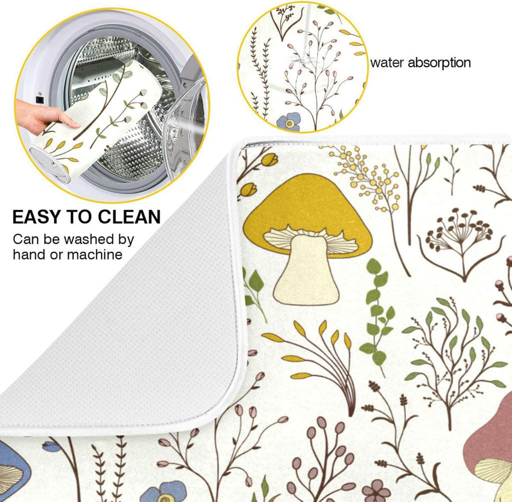 Cute Mushroom Wild Plant Dish Drying Mat for Kitchen Counter Absorbent Microfiber Drying Pad, Large 18x24 in, Reversible Drainer Mats