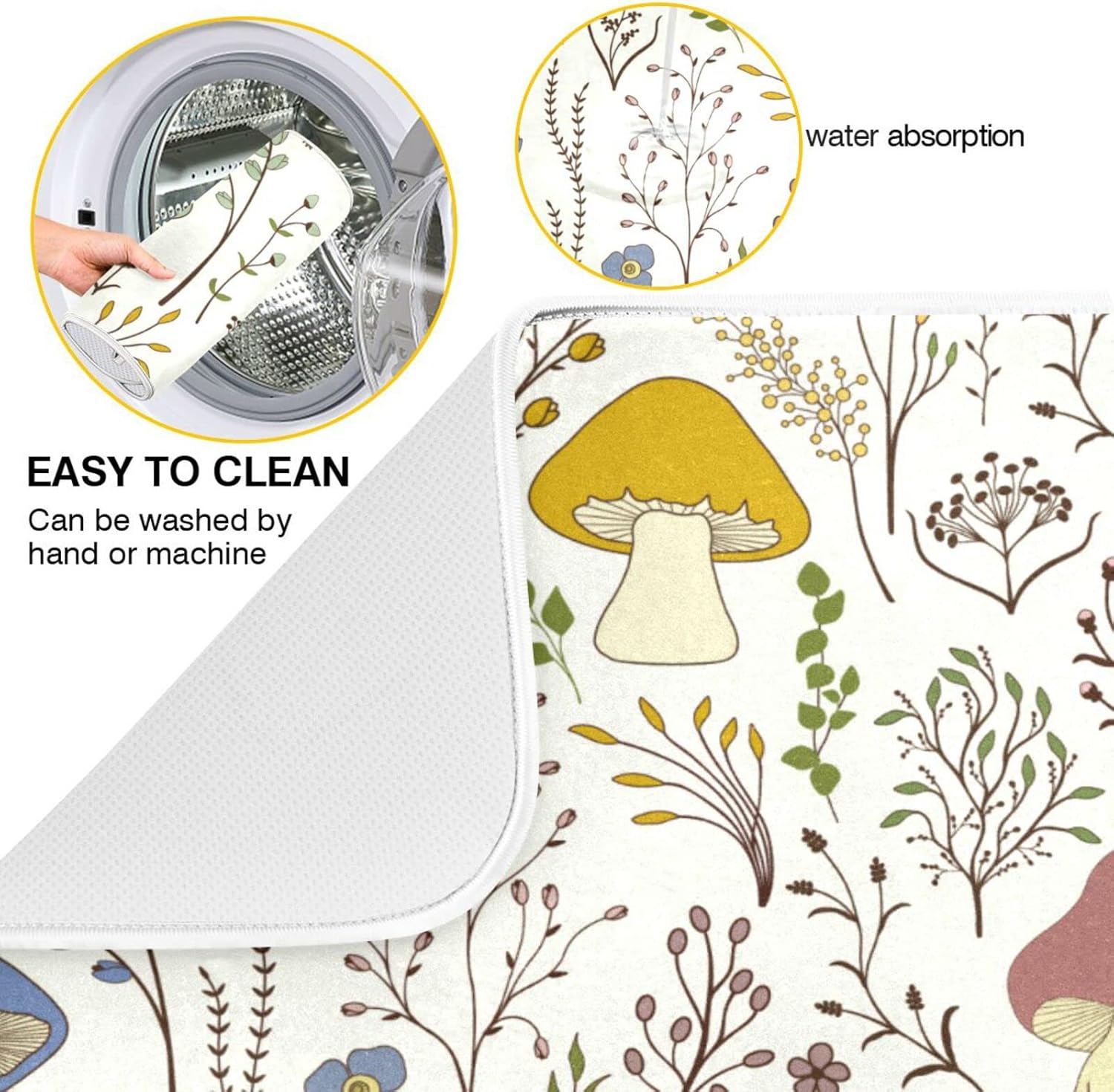 Cute Mushroom Wild Plant Dish Drying Mat for Kitchen Counter Absorbent Microfiber Drying Pad, Large 18x24 in, Reversible Drainer Mats