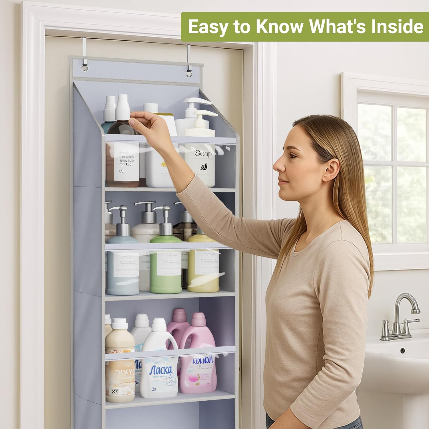 AOODA 2 Pack Over the Door Organizer, Large Capacity Closet Door Hanging Organizer, Clear Deep Pockets Baby Organizer Storage for Nursery, Bathroom, Bedroom, Pantry, Diapers (Grey)