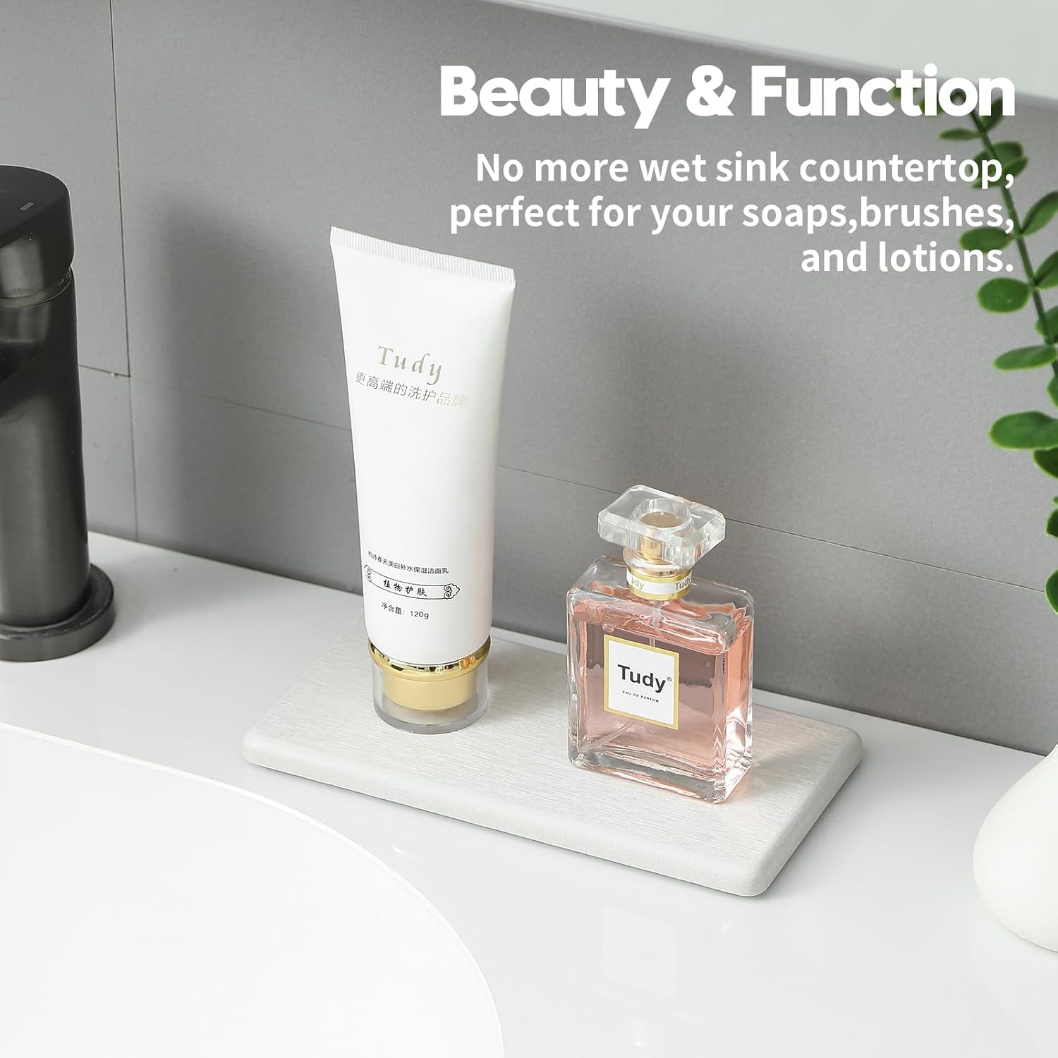 2PCS 7"x3.5" Water Absorbing Bathroom Sink Vanity Trays, Diatomite Stone Quick Drying Mat for Kitchen Counter, Dish Rack Dispenser Sponge Holder Caddy Organizer, Beige, 7"x3.5"