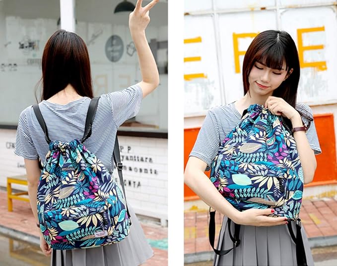 Gym Drawstring Backpack Water Resistant String Bag Nylon Cinch Sport Bag Leaf Sackpack