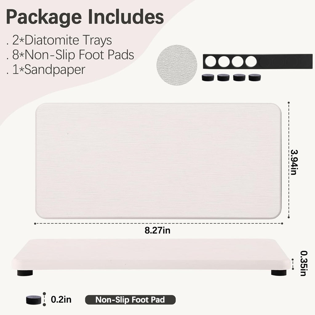 2 Pcs Water Absorbing Stone Trays, Kitchen/Bathroom Sink Soap Dish, Diatomite Tray Used for Hand Soap & Cosmetic Bottles in The Modern Home, 4" W x 8.3" L, White