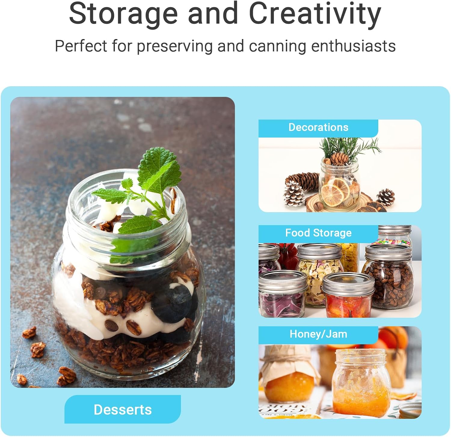 10 oz Glass Mason Jars, 24 Pack Regular Mouth Glass Canning Jars with Silver Aluminum Lids and Bands, Airtight Jam Jars for Food Storage, Pickling, Fermenting, Honey, Jelly, DIY Candles Decor