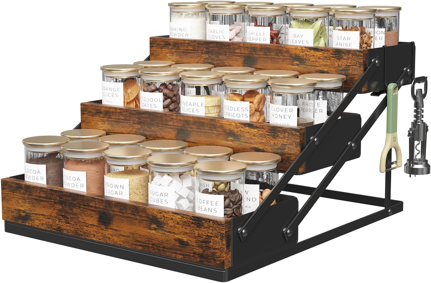 3 Tier Spice Rack Organizer for Cabinet, Foldable Spice Rack for Countertop, Cabinet Drawers Rustic Wooden Seasoning Spice storage for Kitchen Station, Pantry, Home - 1PC