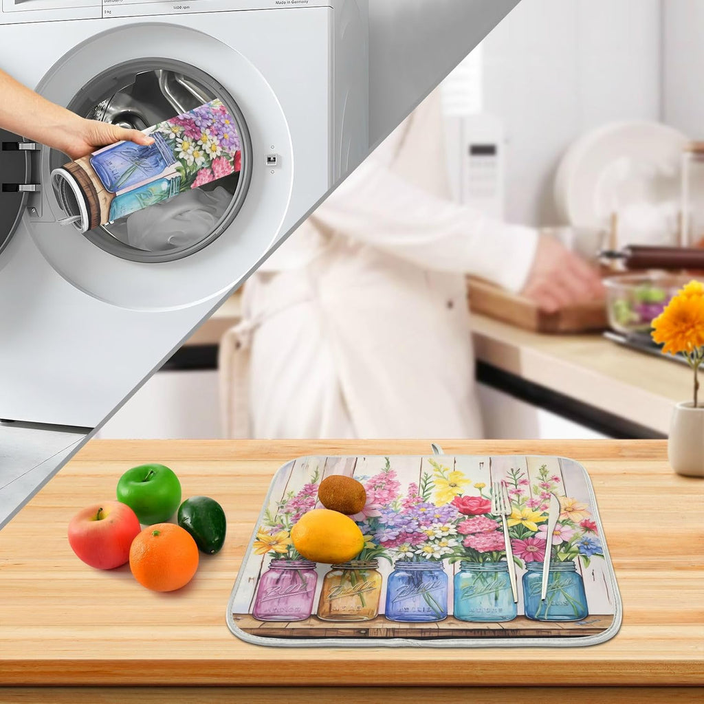 Spring Floral Jars Rustic Dish Drying Mat for Kitchen Counter Absorbent Microfiber Large Drying Pad Flowers Dish Mats for Kitchen Countertops 18 x 24 Inch