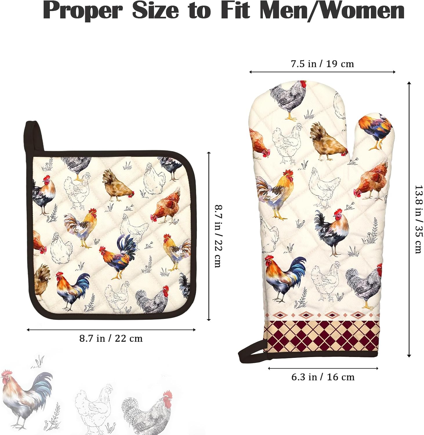 Roosters Oven Mitts and Pot Holders Sets 2Pcs, 100% Cotton Heat Resistant, Extra Long Oven Gloves Potholder for Kitchen Cooking Baking Decoration