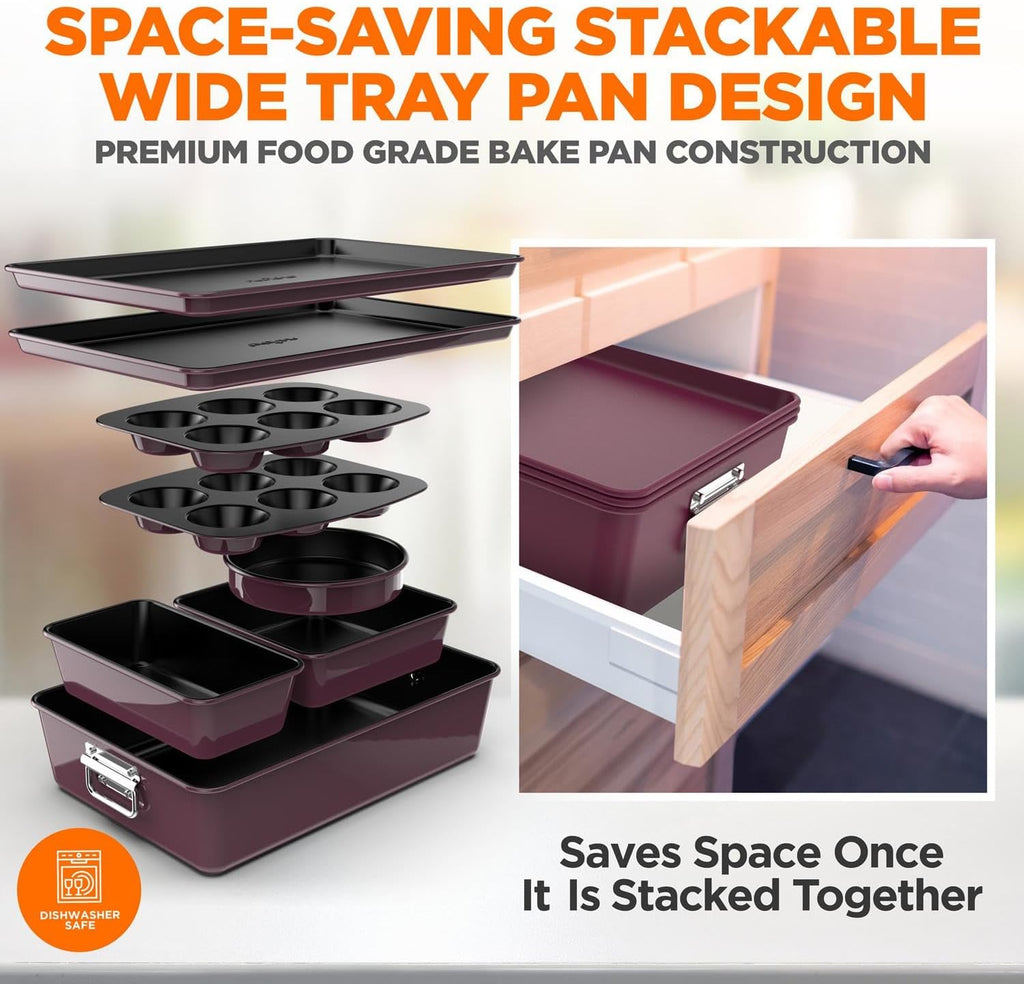 NutriChef 8-Piece Nonstick Stackable Bakeware Set - PFOA, PFOS, PTFE Free Baking Tray Set w/Non-Stick Coating, 450°F Oven Safe, Round Cake, Loaf, Muffin, Wide/Square Pans, Cookie Sheet (Plum)