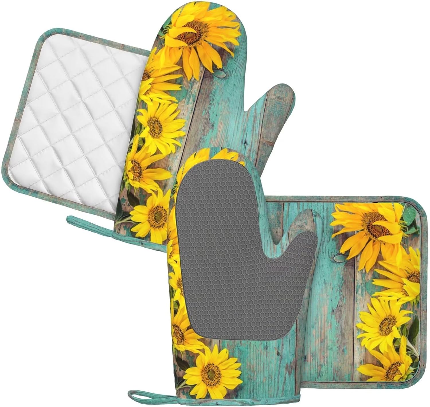 Sunflower Teal Wood Oven Mitts Pot Holders Set Silicone Kitchen Oven Mitts Heat Resistant Farmhouse Potholders Non-Slip 4pcs Hot Pads and Oven Gloves Sets for Baking,Cooking,BBQ,Grilling
