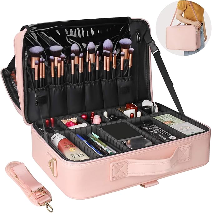 Relavel Travel Makeup Train Case Makeup Cosmetic Case Organizer Portable Artist Storage Bag with Adjustable Dividers for Cosmetics Makeup Brushes Toiletry Jewelry Digital Accessories