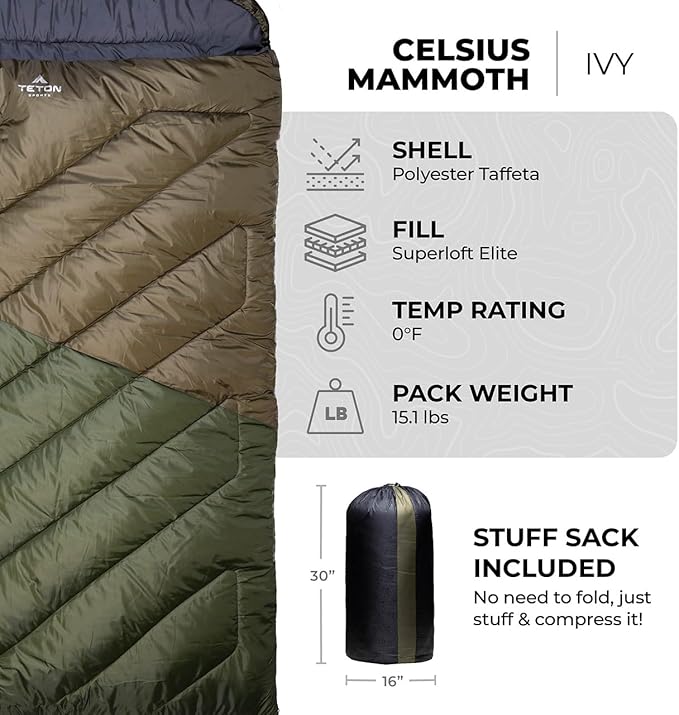 Teton Mammoth Queen Size Double Sleeping Bag- A Warm Bag The Whole Family can Enjoy – Great for Camping, Hunting and Base Camp. Compression Sack Included
