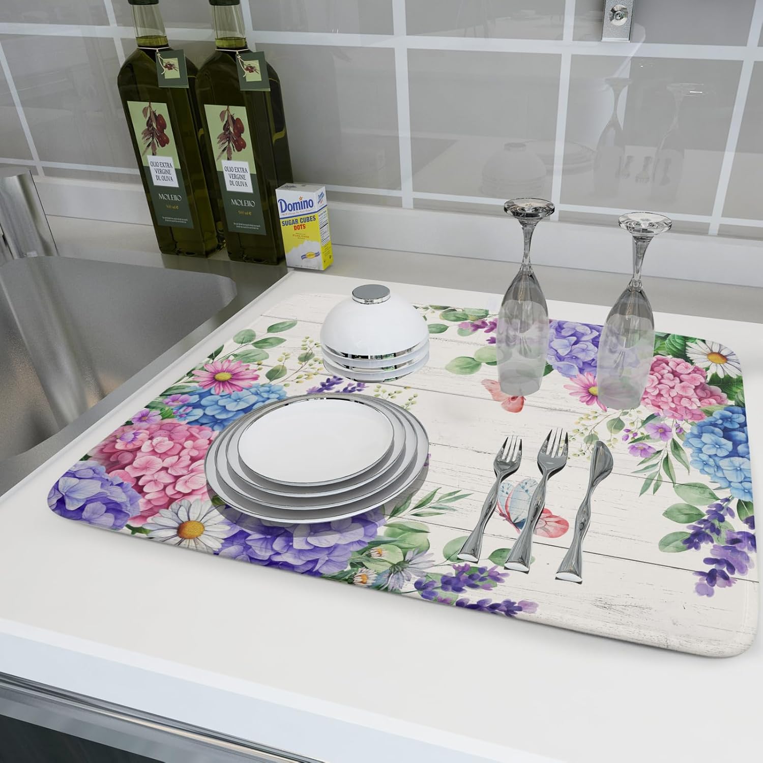 Hydrangea Floral Dish Drying Mat 18x24 inch Spring Summer Decorative Fast Dry Dishes Draining Mats Absorbent Microfiber Drainer Rack Pad