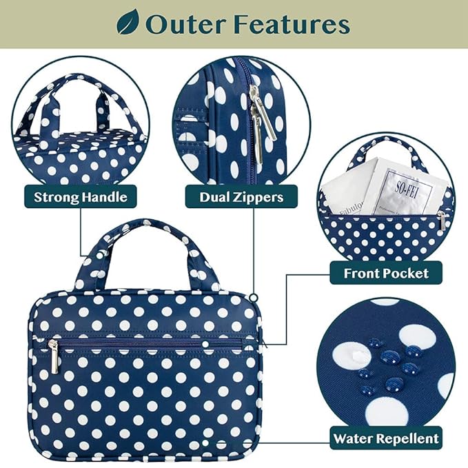 PAVILIA Hanging Toiletry Bag Travel Bag Women Men, Foldable Cosmetic Organizer, Roll up Makeup Bag, Water Resistant Accessories Toiletries, Large Travel Essentials Kit (Navy Polka Dot)