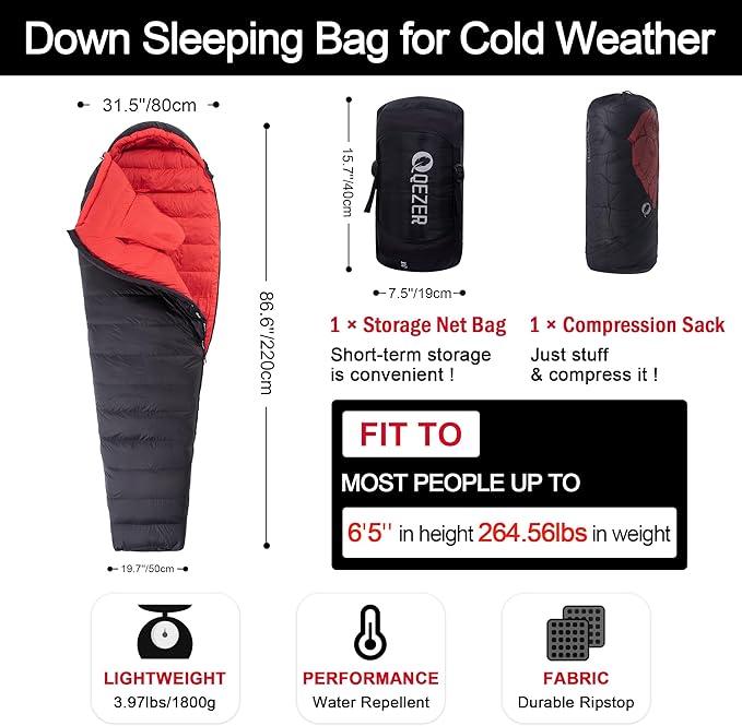 Ultralight Down Sleeping Bag for Adults with 600 Fill Power, Compact Sleeping Bag with Compression Sack for Backpacking, Hiking and Camping