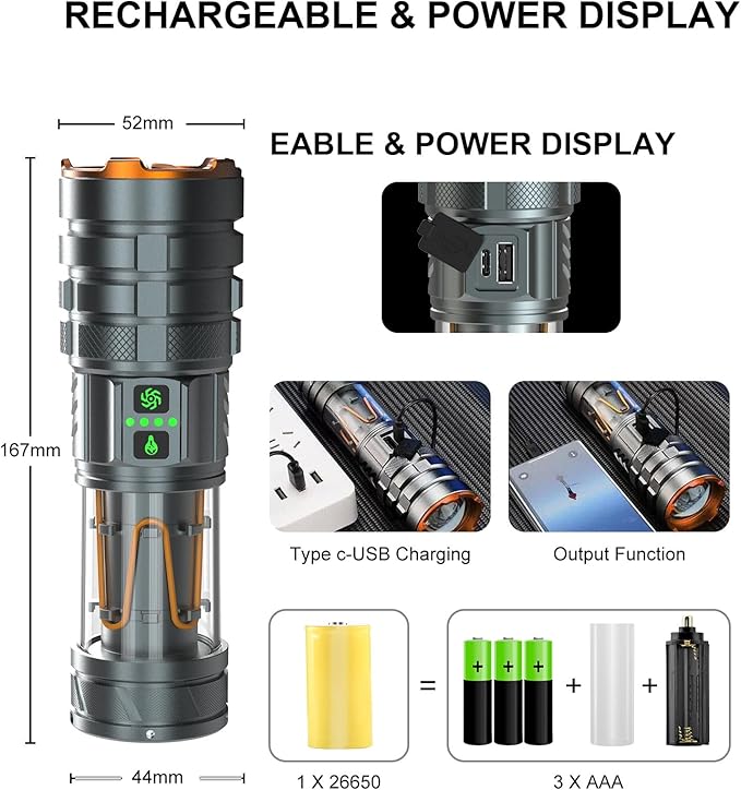 2 in 1 Rechargeable Flashlight 5000mAh All Aluminum Body Camping Lantern True 5000 Lumens Outdoor Camping Light , Zoomable LED Flash Light with Electric Lantern Failure Emergency Survival Kits