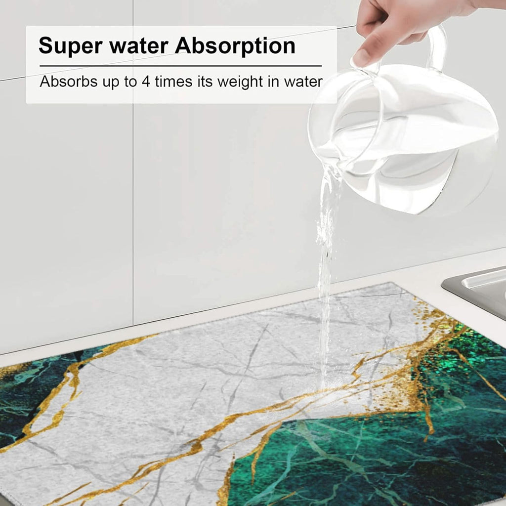 Marble Green Dish Drying Mat 18x24 for Kitchen Counter, Green White Modern Decorative Absorbent Coffee Mat Dish Drying Pad Coffee Bar Dish Drainer Rack Mat Drainer Mat