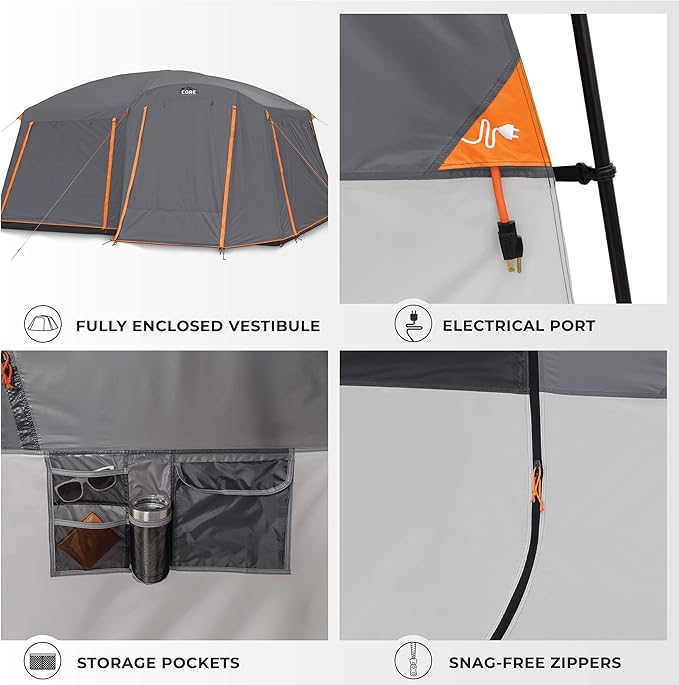 CORE Tent for Family Camping | 10 Person / 11 Person / 12 Person Large Multi Room Cabin Tents for Car Camping & Outdoor Adventures