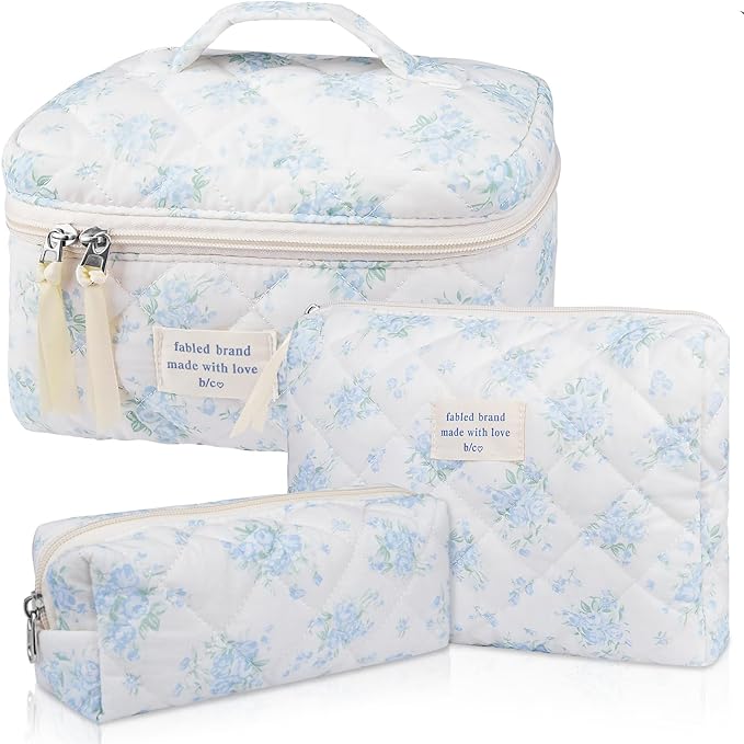 Makeup Bag Set, Quilted Makeup Bag, Large Floral Cosmetic Bag for Women, Cute Cotton Makeup Bags, Flower Travel Toiletry Organizer Bag (Blue Rose)