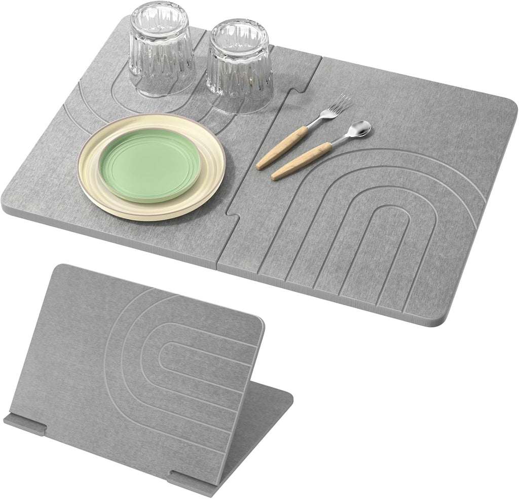 Luxspire Large Stone Drying Mat for Kitchen Counter 24"x16"- Fast-Absorbing Dish Drying Mat Non-Slip Drying Pad for Dishes, Utensils, Cups Waterproof Counter Protector for Kitchen Bathroom, Dark Gray