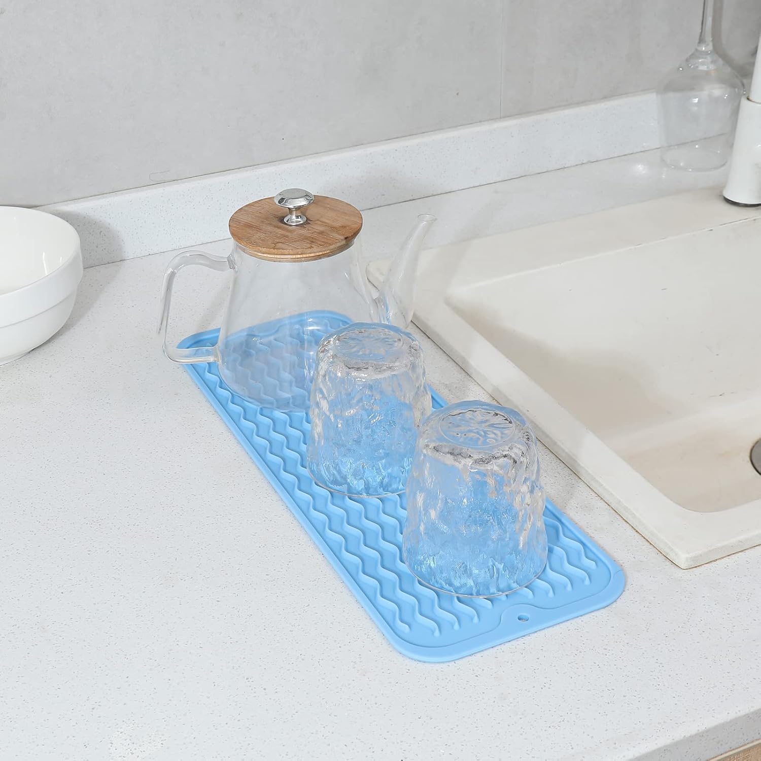 Silicone Dish Drying Mat for Multiple Usage,Easy clean,Eco-friendly,Heat-resistant Silicone Mat for Kitchen Counter,Sink,Bar,Bottle,or Cup Light Blue M 17 inches x 6 inches