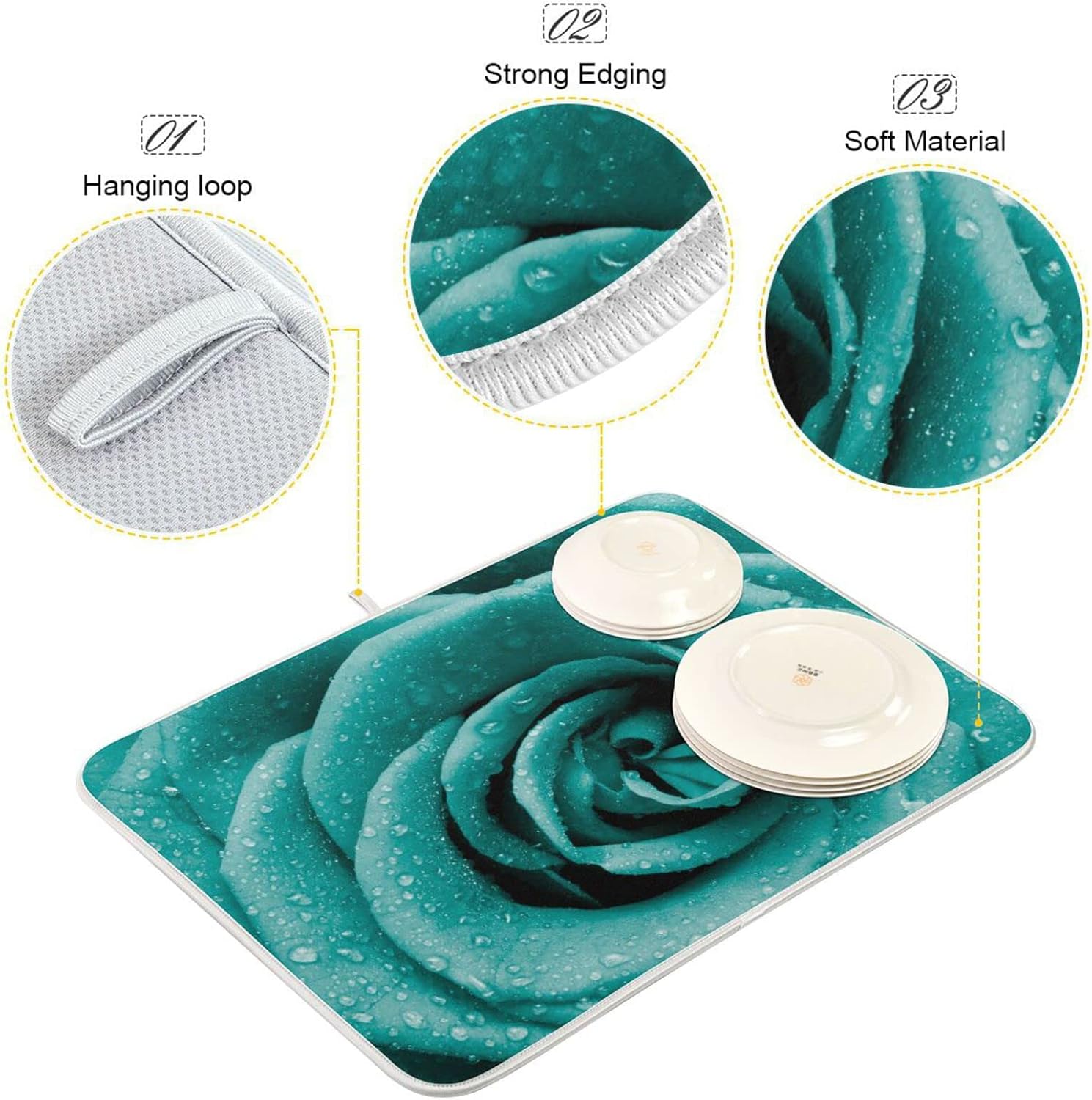 Super Absorbent Dish Drying Mat, Microfiber Fast-Drying Dish Mat, 16" x 18", Kitchen Dish Drying Pad Hipster Turquoise Rose Petals