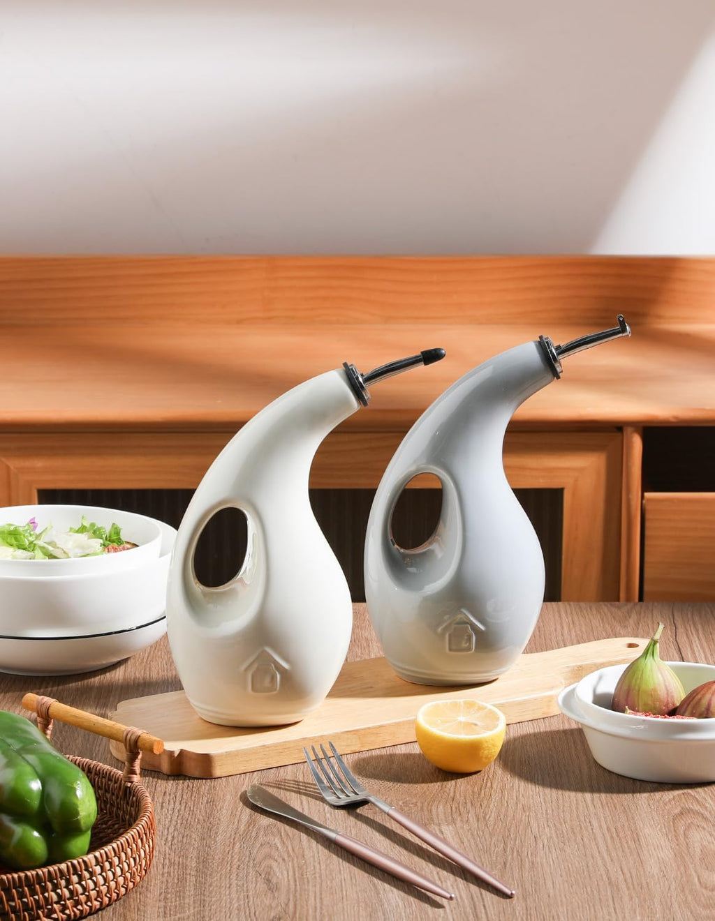 Sweejar Ceramic Olive Oil Dispenser Bottle,24 Oz Opaque Cruet Protects EVOO Oil to Reduce Oxidation, Suitable for Storage Vinegar, Coffee Syrups, Liquids (Gray)