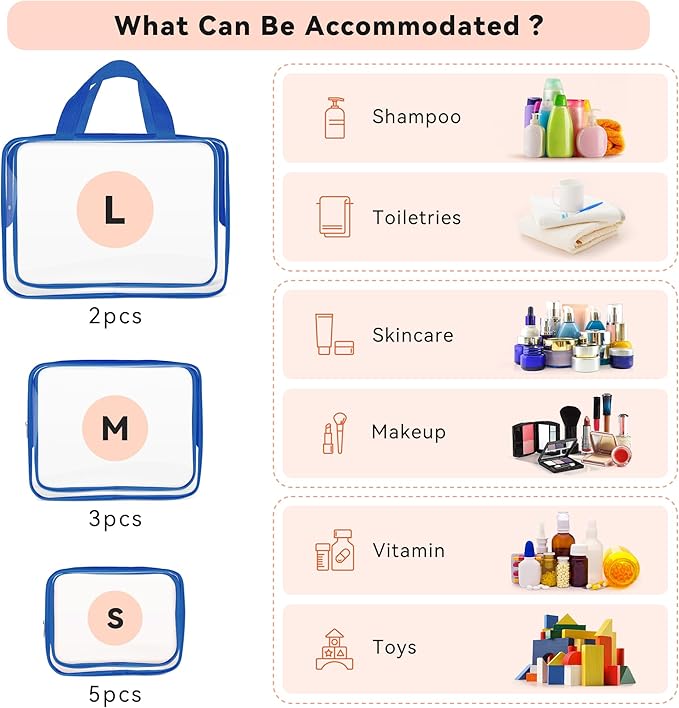 TISRATOK 10 PCS Clear Travel Makeup Toiletry Bag, Plastic PVC Cosmetic TSA Approved Organizer Kit with Zipper Handbag（Blue）