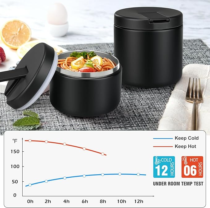 12oz Kids Soup Thermo for Hot Food Insulated Vacuum Food Jar with Buckle Lid, Stainless Steel Wide Mouth Leak Proof Lunch Container for School Travel-Black