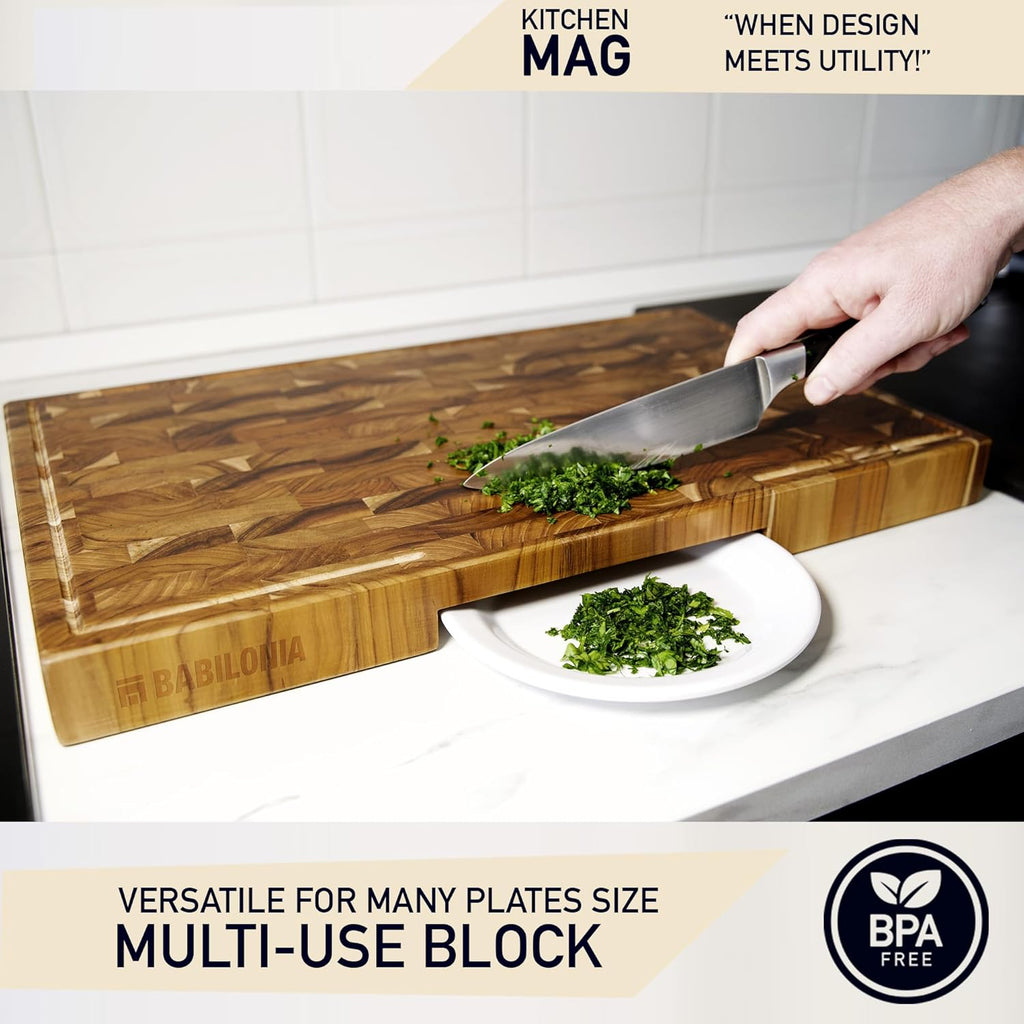 Teak Cutting Boards for Kitchen (ExtraThick 1.7"). Premium Quality Butcher Block, Charcuterie Board. Heavy Duty End Grain Wood Chopping Board 15.7"L x 10.2"W with Handle (Oil bottle & Plate included)