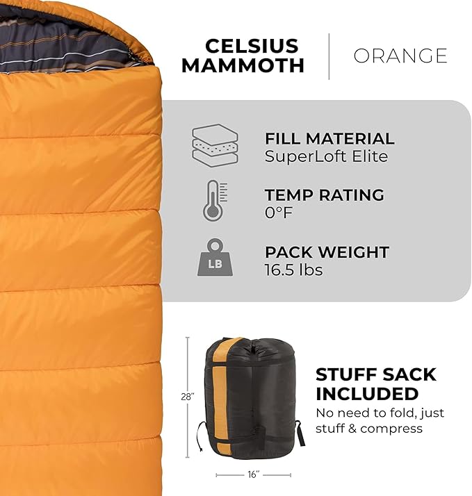 Teton Mammoth Queen Size Double Sleeping Bag- A Warm Bag The Whole Family can Enjoy – Great for Camping, Hunting and Base Camp. Compression Sack Included