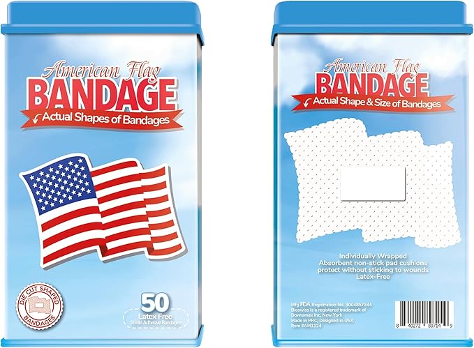 BioSwiss Bandages, American Flag Shaped Self Adhesive Bandage, Latex Free Wound Care, Fun First Aid Kit Supplies for Kids and Adults, 50 Count