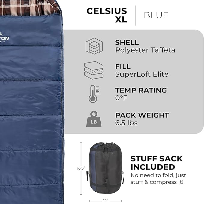 TETON Celsius XL, -25F, 20F, 0F Degree Sleeping Bags, All Weather Warm Sleeping Bag for Adults and Kids, Camping Season, Compression Sack Included