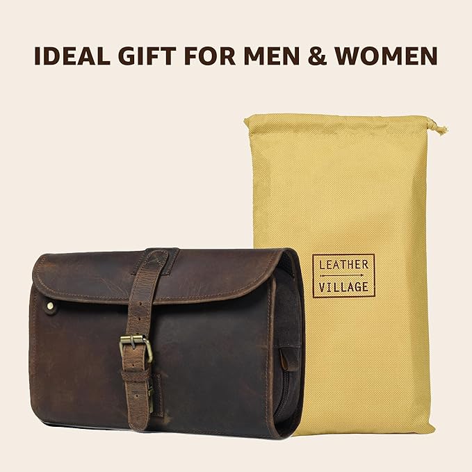 LEATHER VILLAGE Hanging Toiletry Bag for Men & Women, Handcrafted Vintage Cosmetic & Shaving Organizer Travel Dopp Kit- Brown