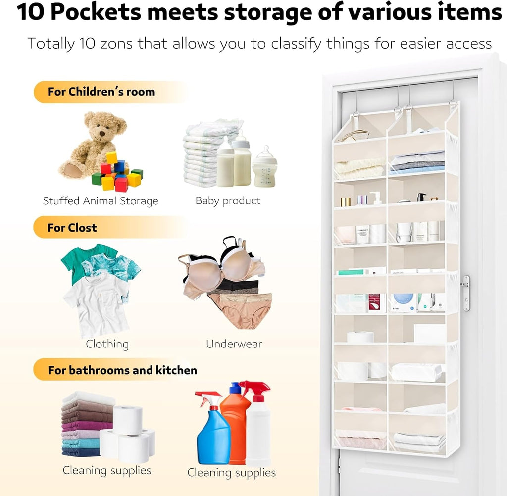 Over the Door Organizer 5 Tiers,Extra Large Behind Door Storage of 10 Compartments,80 lbs Weight Capacity Over the Door Storage, Door Hanging Organizer for Closet, Diaper Organizer, Toy Storage, Beige