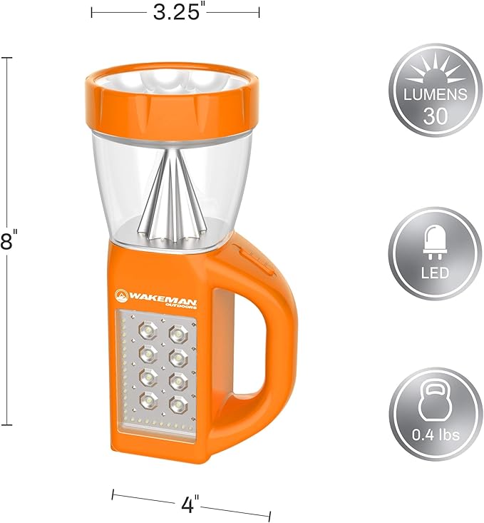 Wakeman LED Lantern Flashlight Combo - Portable 3-in-1 Lightweight Lamp with Side Panel Light for Camping, Hiking & Emergencies Outdoors (Orange)