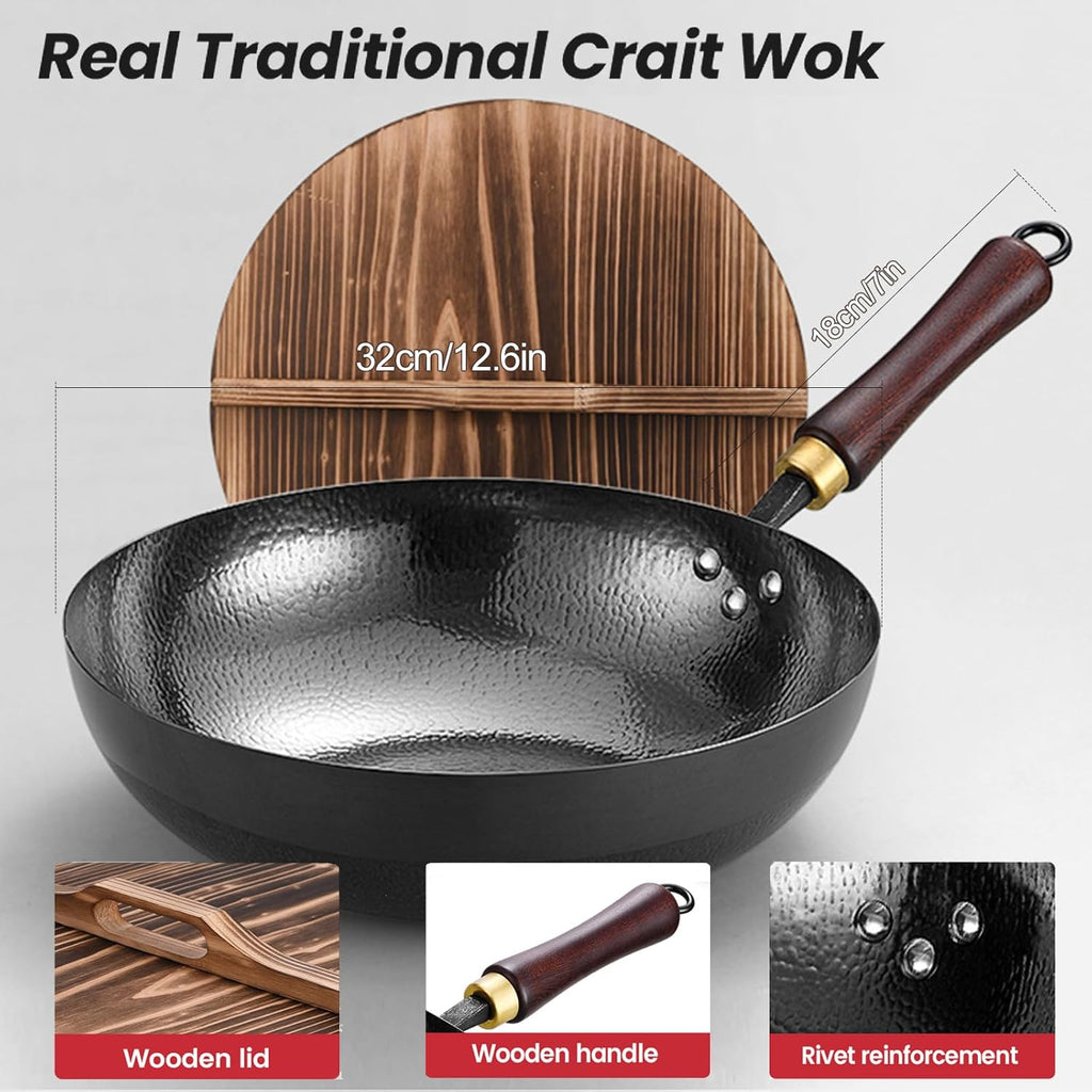 Carbon Steel Pan, 12.5″ Woks & Stir-Fry Pans with Wooden Lid Cookwares, Nonstick Wok, No Chemical Coated Flat Bottom Hand Hammered Chinese Wok For Gas