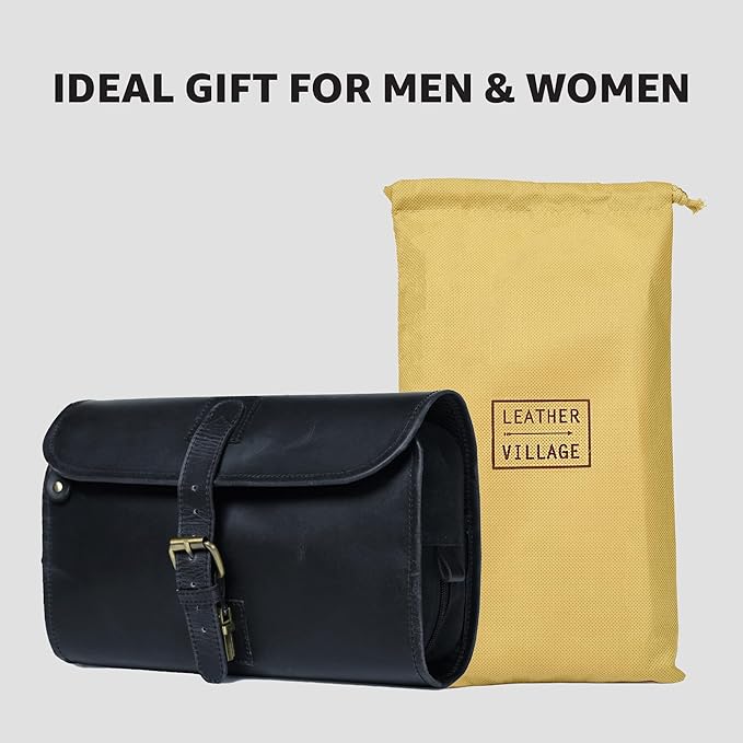 LEATHER VILLAGE Hanging Toiletry Bag for Men & Women, Handcrafted Vintage Cosmetic & Shaving Organizer Travel Dopp Kit- Black