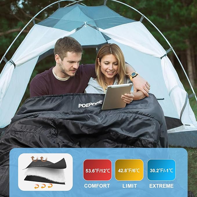 Double Sleeping Bag Flannel for Adults with 2 Pillows 2 Person Sleeping Bags Camping XXL Queen Size Two Person Sleeping Bag for Cold Weather