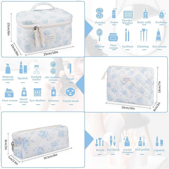 Makeup Bag Set, Quilted Makeup Bag, Large Floral Cosmetic Bag for Women, Cute Cotton Makeup Bags, Flower Travel Toiletry Organizer Bag (Blue Rose)