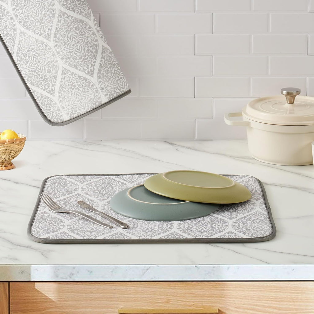 FRESHMINT Printed Dish Drying Mats for Kitchen Counter 2 Pack Absorbent Reversible Drying Mats Microfiber Kitchen Countertop Protector Dishes Drying Pad Extra Large 18"x24" Dish Mat