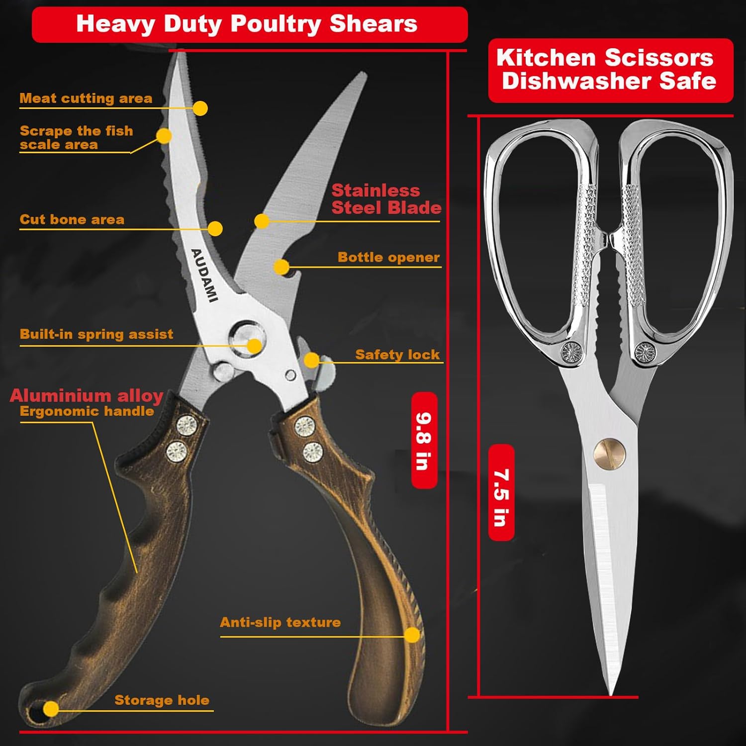 Kitchen scissors 2 Pack,Poultry Shears Heavy Duty Professional Stainless Steel Kitchen Shears,Utility Scissors Food Scissors for Turkey, Meat,Bone,Fish,Chicken,Vegetables,Herbs,BBQ