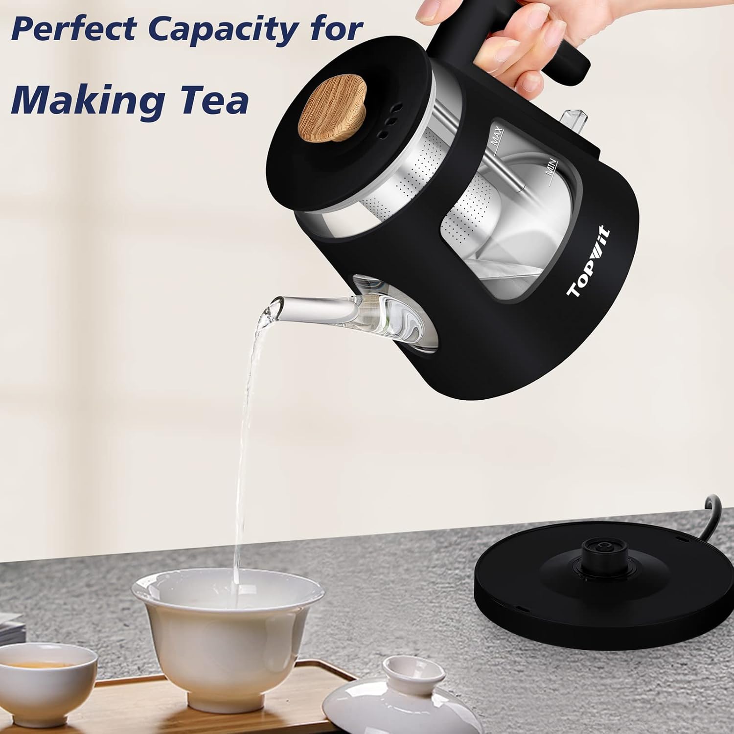 Topwit Electric Kettle, 1.0L Electric Tea Kettle with Removable Stainless Steel Infuser, BPA-Free Electric Glass Kettle with Window, Double Wall Water Warmer, Gooseneck, Auto-shut Off, Black