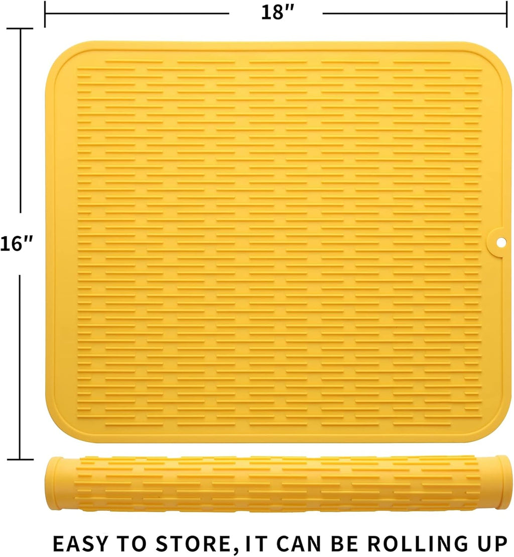 Silicone Dish Drying Mat for Multiple Usage,Easy clean,Eco-friendly,Heat-resistant Silicone Mat for Kitchen Counter or Sink,Refrigerator or Drawer Liner Yellow XL 18 inches x 16 inches