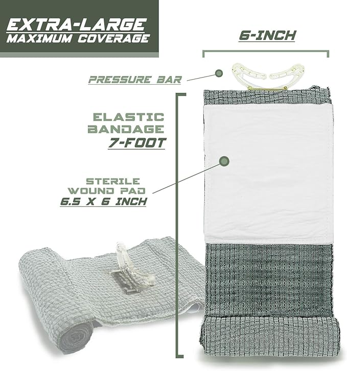 EVERLIT Israeli 6 Inch Emergency Bandage Compression Trauma Pressure Wound Dressing Sterile Vacuum-Sealed Packaging for Bleeding Control, Medical Trauma Kit, Gun Shot, First Aid IFAK