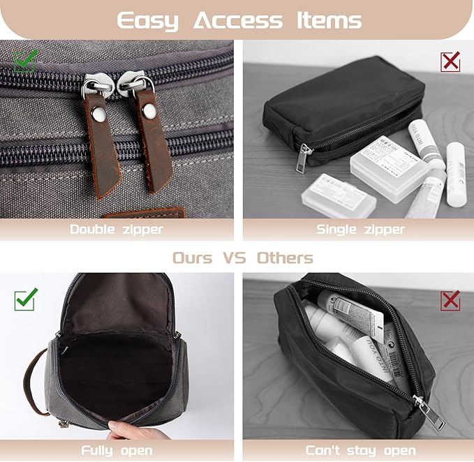 Men's Canvas Toiletry Bag, Large Capacity Men's Travel Portable Toiletry Bag, Organizer Dopp Kit Leather Accessory, Water-resistant Shaving Pouch, Birthday/Anniversary/Groomsmen Gifts for Him- Grey