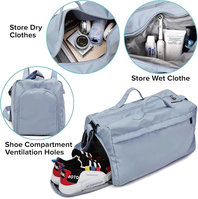 Sports Gym Bag for Women, Travel Workout Duffel Overnight Shoulder Bags with Shoes Compartment and Wet Pocket Lightweight Weekend Waterproof Blue